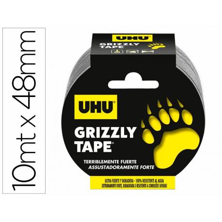 CINTA ADHESIVA MARCA UHU AMERICANA GRIZZLY TAPE ULTRAFUERTE COLOR PLATA 10 MT X 48 MM