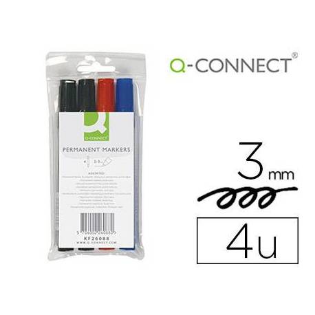 Rotulador Q-Connect permanente estuche 4 colores surtidos punta redonda trazo 3.0 mm