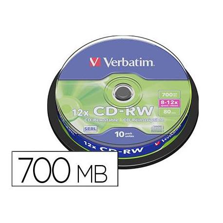 CD-RW VERBATIM SERL CAPACIDAD 700MB 12X 80 MIN TARRINA DE 10 UNIDADES