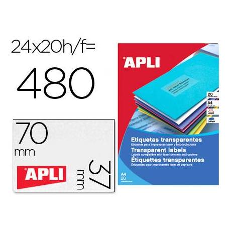 Etiquetas Apli adhesivas 1224 transparentes 70x37 mm caja 20 hojas con 480