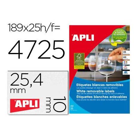 Etiqueta adhesivas Apli 10198 tamaño 25,4x10 mm removible caja 25 hojas