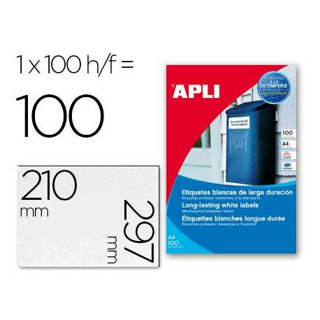 100 Apli Etiquetas adhesivas 12121 tamaño 210x297 mm poliéster impresión laser. 1 Etiqueta por hoja