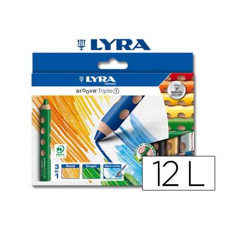 Lapices de colores acuarelable-cera Lyra groove triangulares mina gruesa 10 mm caja de 12 colores