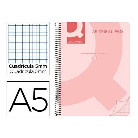 Cuaderno espiral Q-Connect Din A5 micro tapa plastico 80h 70g cuadro 5mm sin bandas 6 taladros color rosa