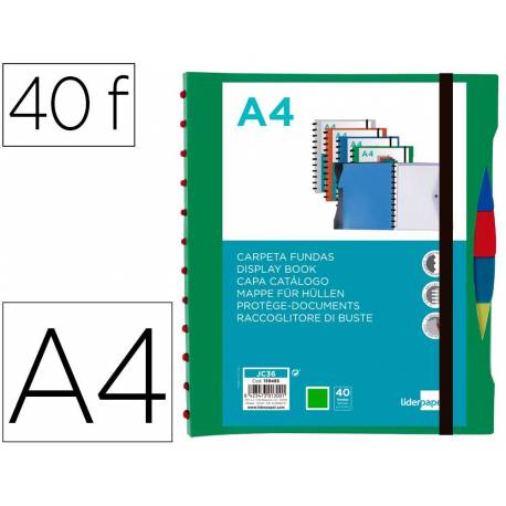 CARPETA LIDERPAPEL DIN A4 CON 40 FUNDAS INTERCAMBIABLES 5 SEP SOBRE Y GOMILLA PORTADA Y LOMO PERSONALIZABLE VERDE