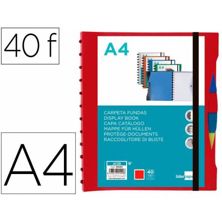 CARPETA LIDERPAPEL DIN A4 CON 40 FUNDAS INTERCAMBIABLES 5 SEP SOBRE Y GOMILLA PORTADA Y LOMO PERSONALIZABLE ROJO