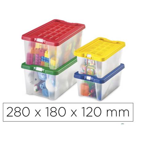 CAJA MULTIUSOS MARCA FAIBO TRANSPARENTE CON ASAS Y TAPA COLORES CAPACIDAD 4 L 280X180X120 MM