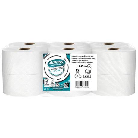 PAPEL HIGIENICO MARCA AMOOS JUMBO INDUSTRIAL MISSION CARE EXTRACCION CENTRAL 2 CAPAS 33G/M2 PAQUETE DE 12 ROLLOS