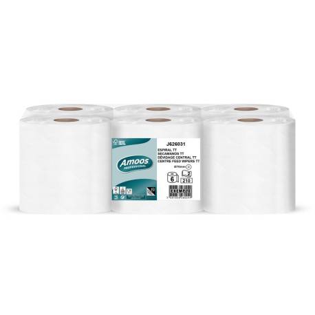 PAPEL SECAMANOS MARCA AMOOS INDUSTRIAL 2 CAPAS 32G/M2 CELULOSA BLANCO 60 MT PAQUETE DE 6 BOBINAS