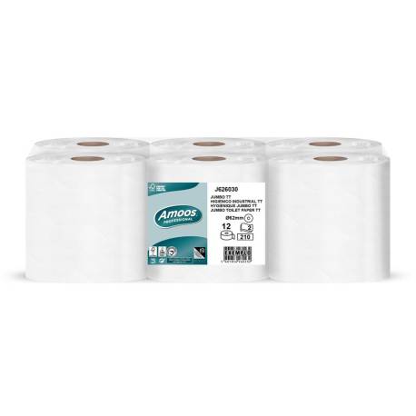 PAPEL HIGIENICO MARCA AMOOS JUMBO INDUSTRIAL 2 CAPAS 30G/M2 PAQUETE DE 12 ROLLOS