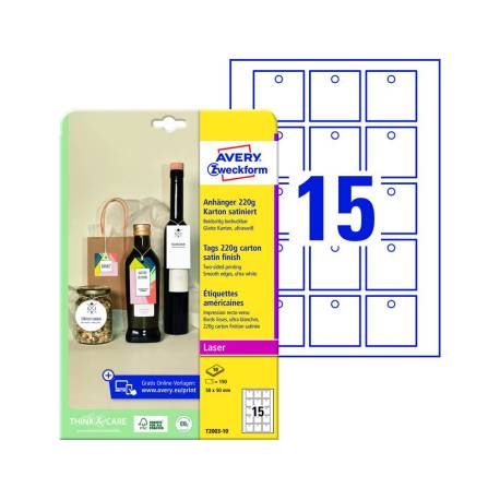 ETIQUETA COLGANTE AVERY COLOR BLANCA 50X50 MM IMPRIMIBLE DOBLE CARA CARTON 220 GR PACK DE 150 UNIDADES