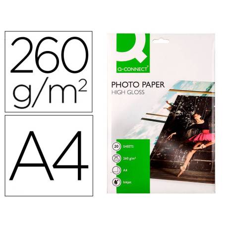 Papel Q-Connect foto glossy kf02163 Din A4 alta calidad digital photo para ink-jet. Bolsa de 20 hojas de 260 gr.