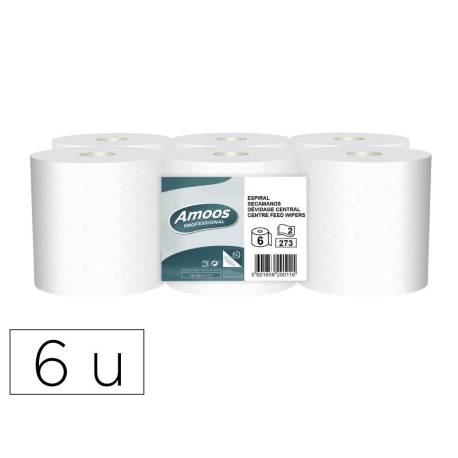 PAPEL SECAMANOS MARCA AMOOS INDUSTRIAL 2 CAPAS 32G/M2 BLANCO 90 MT PAQUETE DE 6 ROLLOS