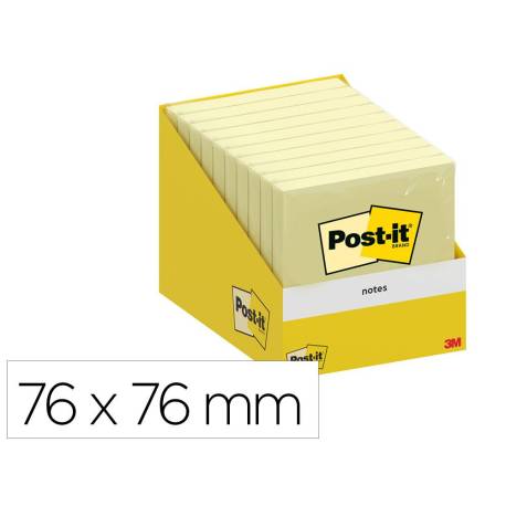 BLOC DE NOTAS ADHESIVAS QUITA Y PON POST-IT 76X76 MM 100 HOJAS COLOR AMARILLO CANARIO RETRACTILADO INDIVIDUALMENTE