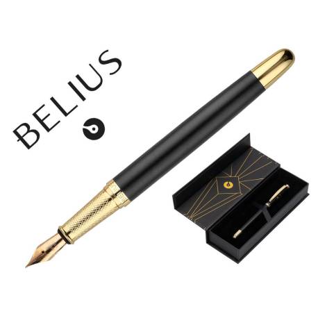 PLUMA BELIUS SOIREE ALUMINIO COLOR ART DECO COLOR NEGRO Y DORADO TINTA AZUL CAJA DE DISEÑO