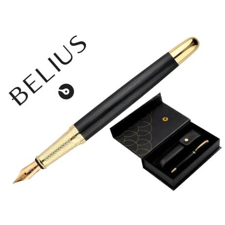 PLUMA Y ESTUCHE CUERO BELIUS PASSION DOR ALUMINIO TEXTURA CEPILLADA NEGRO Y DORADO TINTA AZUL CAJA DISEÑO