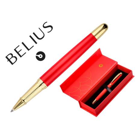 BOLIGRAFO MARCA BELIUS PASSION DOR ALUMINIO TEXTURA CEPILLADA COLOR ROJO Y DORADO TINTA AZUL CAJA DE DISEÑO PUNTA 0.8MM