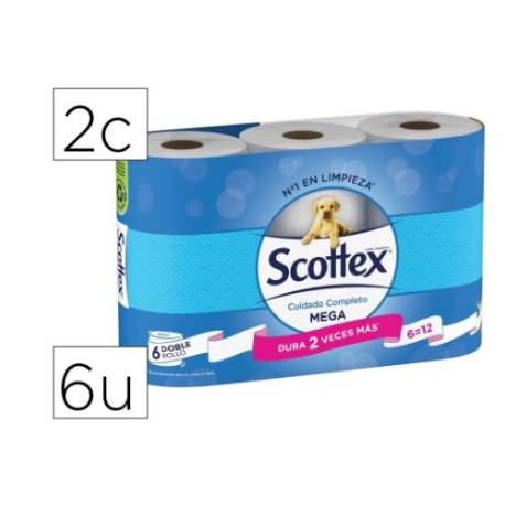 Papel higienico scottex megarrollo doble largo 2 capas paquete de 6 rollos