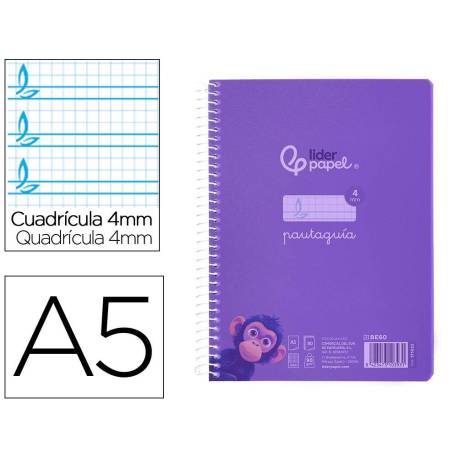 CUADERNO ESPIRAL LIDERPAPEL DIN A5 PAUTAGUIA TAPA PLASTICO 80H 90GR CUADRO PAUTADO 4 MM CON MARGEN VIOLETA