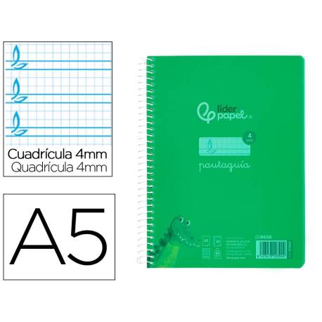 CUADERNO ESPIRAL LIDERPAPEL DIN A5 PAUTAGUIA TAPA PLASTICO 80H 90GR CUADRO PAUTADO 4MM CON MARGEN VERDE