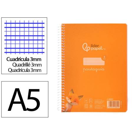 CUADERNO ESPIRAL LIDERPAPEL DIN A5 PAUTAGUIA TAPA PLASTICO 80H 90GR CUADRO PAUTADO 3MM NARANJA