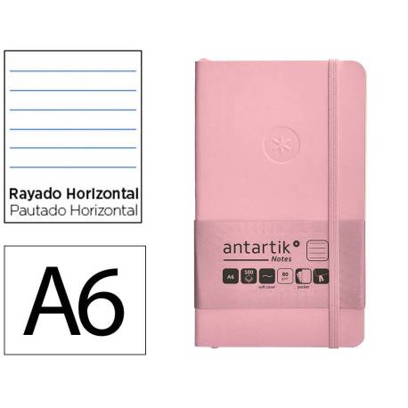 CUADERNO CON GOMILLA ANTARTIK NOTES TAPA BLANDA DIN A6 RAYAS ROSA PASTEL 100 HOJAS 80 GR FSC