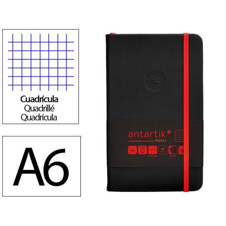 CUADERNO CON GOMILLA ANTARTIK NOTES TAPA DURA DIN A6 HOJAS CUADRICULA NEGRO Y ROJO 100 HOJAS 80 GR FSC