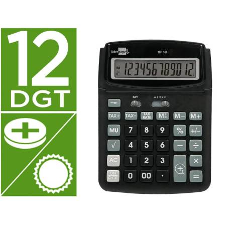 CALCULADORA LIDERPAPEL SOBREMESA XF39 12 DIGITOS SOLAR Y PILAS NEGRO 190X140X32 MM 40% PLASTICO