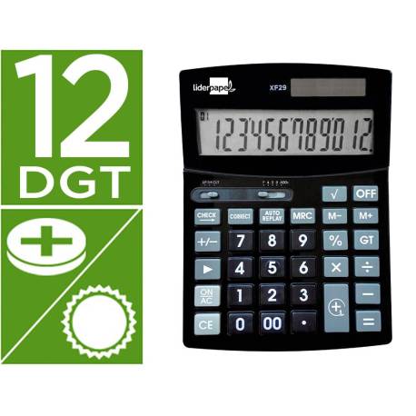 CALCULADORA LIDERPAPEL SOBREMESA XF29 12 DIGITOS SOLAR Y PILAS NEGRO 190X140X30 MM