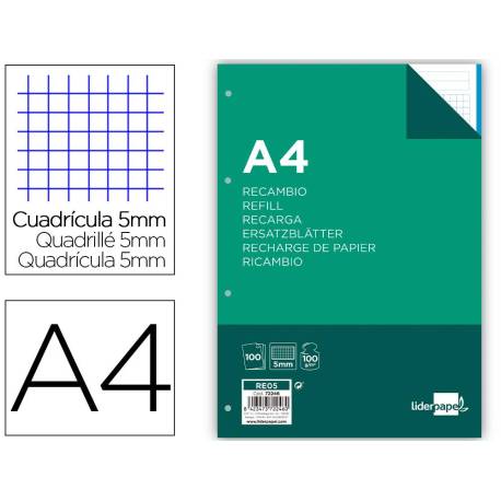 Recambio Liderpapel Din A4 4 taladros 100gr cuadricula 5mm