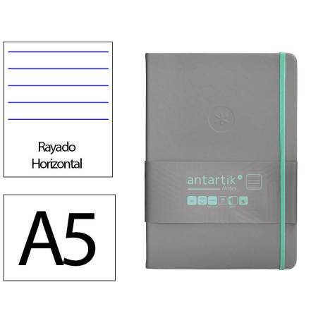 CUADERNO CON GOMILLA ANTARTIK NOTES TAPA DURA DIN A5 HOJAS RAYAS GRIS Y TURQUESA 100 HOJAS 80 GR FSC