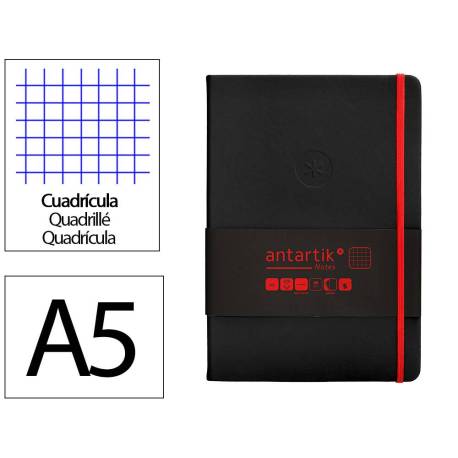 CUADERNO CON GOMILLA ANTARTIK NOTES TAPA DURA DIN A5 HOJAS CUADRICULA NEGRO Y ROJO 100 HOJAS 80 GR FSC