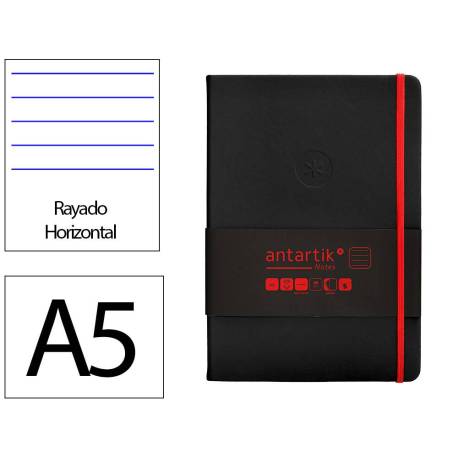 CUADERNO CON GOMILLA ANTARTIK NOTES TAPA DURA A5 HOJAS RAYAS NEGRO Y ROJO 100 HOJAS 80 GR FSC