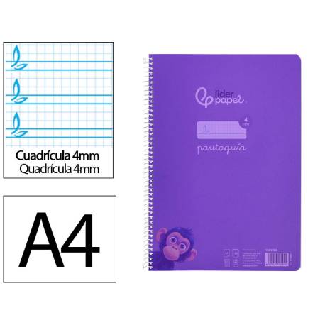 CUADERNO ESPIRAL LIDERPAPEL DIN A4 PAUTAGUIA TAPA PLASTICO 80H 90GR CUADRO PAUTADO 4MM CON MARGEN LILA