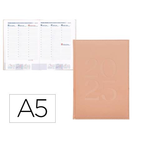 AGENDA ENCUADERNADA LIDERPAPEL CRETA DIN A5 2025 SEMANA VISTA COLOR ROSA NUDE PAPEL 70 GR