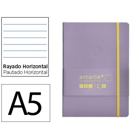 CUADERNO CON GOMILLA ANTARTIK NOTES TAPA BLANDA DIN A5 HOJAS RAYAS MORADO Y AMARILLO 80 HOJAS 80 GR FSC