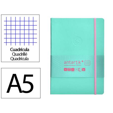 CUADERNO CON GOMILLA ANTARTIK NOTES TAPA BLANDA DIN A5 HOJAS CUADRICULA ROSA Y TURQUESA 80 HOJAS 80 GR FSC