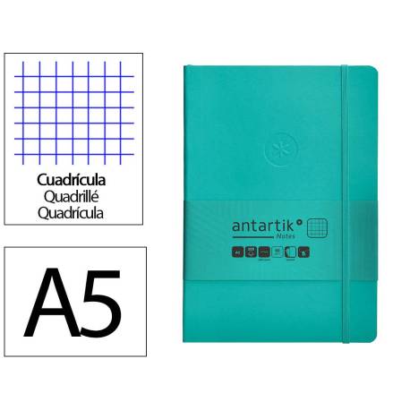 CUADERNO CON GOMILLA ANTARTIK NOTES TAPA BLANDA DIN A5 HOJAS CUADRICULA TURQUESA 80 HOJAS 80 GR FSC