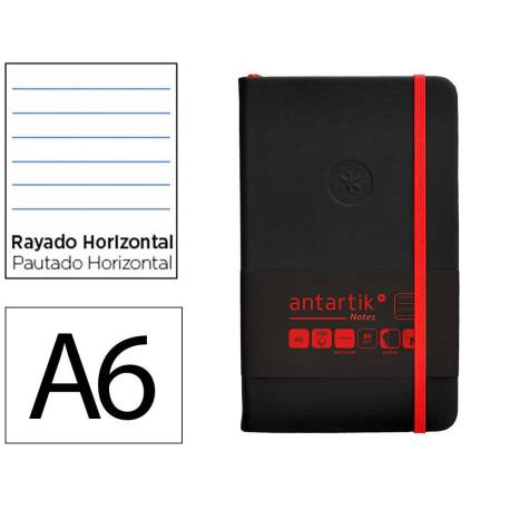 CUADERNO CON GOMILLA ANTARTIK NOTES TAPA DURA DIN A6 HOJAS RAYAS NEGRO Y ROJO 100 HOJAS 80 GR FSC