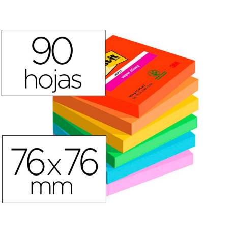 BLOC DE NOTAS ADHESIVAS QUITA Y PON POST-IT SUPER STICKY PLAYFUL 76X76 MM 90H PACK DE 6 UNIDADES