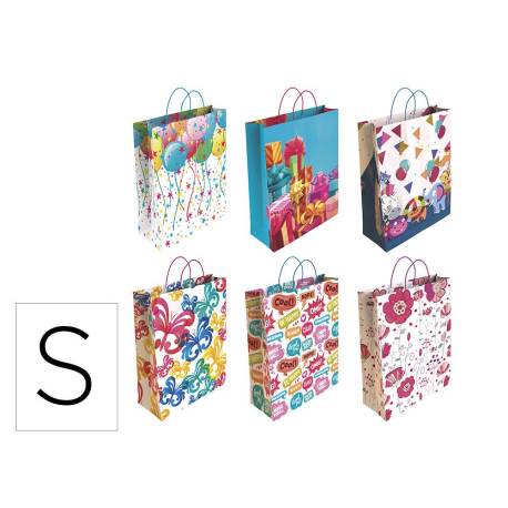 BOLSA PARA REGALO MARCA BASIKA PAPEL ESTUCADO 160 GR TODO AÑO CON ASA RETORCIDA TAMAÑO S 24+10X32 CM