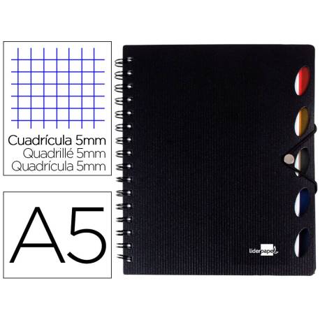 Cuaderno espiral liderpapel a5 micro executive tapa plastico 100h 80 gr cuadro 5mm 5 separadores con gomilla color negro