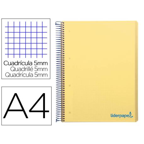 Cuaderno espiral Liderpapel Wonder Tamaño DIN A4 Tapa plastico Cuadricula 5 mm 90 g/m2 con 5 bandas 4 taladros color Amarillo