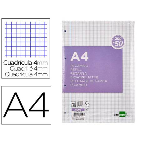 RECAMBIO MARCA LIDERPAPEL A4 200+50 HOJAS 90G/M2 CUADRO 4 MM CON MARGEN 4 TALADROS