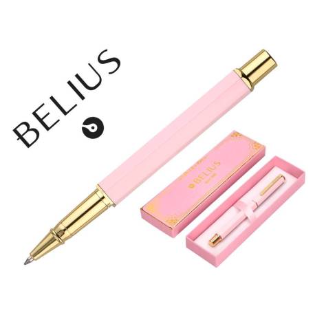 BOLIGRAFO BELIUS MACARON BLISS FORMA HEXAGONAL ROSA Y DORADO TINTA AZUL CAJA DE DISEÑO