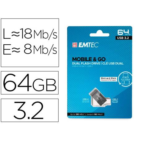 MEMORIA MARCA EMTEC USB 3.2 DUAL MOBILE & GO TYPE-C /USB 64 GB