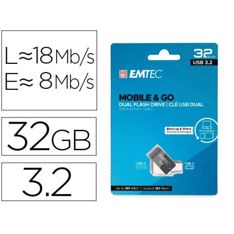 MEMORIA MARCA EMTEC USB 3.2 DUAL MOBILE & GO TYPE-C /USB 32 GB