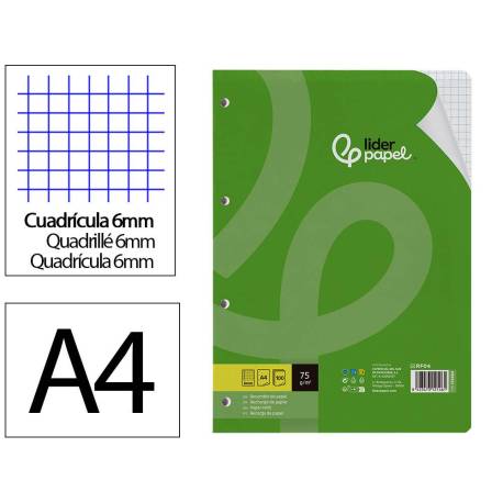 RECAMBIO MARCA LIDERPAPEL DIN A4 100 HOJAS 75 GR CUADRO 6 MM 4 TALADROS CON MARGEN