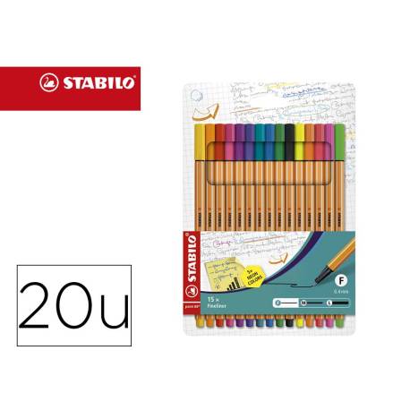 ROTULADOR MARCA STABILO PUNTA DE FIBRA POINT 88 ESTUCHE DE 15 UNIDADES COLORES SURTIDOS + 5 COLORES NEON