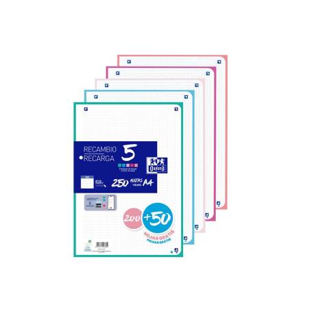 RECAMBIO MARCA OXFORD DIN A4 200+50 HOJAS GRATIS CUADRO 5 MM 4 TALADROS CON BANDA 5 COLORES PASTEL